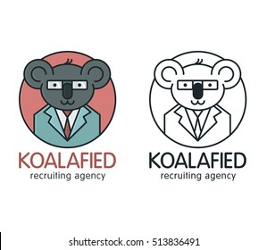 Creative fun logo with koala for recruitment company. Design concept for search for employees and job, business, human resource and professional headhunting, social network. Vector outline.