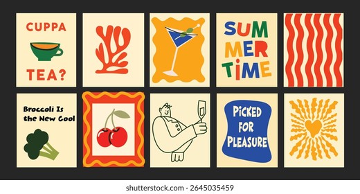 Creative and fun set of banners with short summer phrases about flowers, cakes, desserts, and sunshine – perfect for bakery ads or sweet shop branding.


