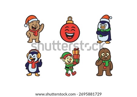 Creative Funny Christmas Polar Bear and Penguin Elf Ornament Faces Cute Colorful Vector Icon on White Background.