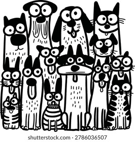 Creative funny dog squad group photo doodle, hand drawn puppy friends line art illustration for t-shirts, tote bags and postcard designs for dog lovers