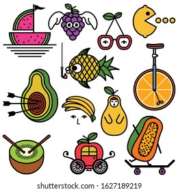 Creative funny fruit character icon, stickers, pins, patch set