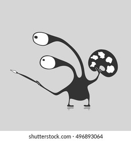 Creative funny monster with brush in hands and Palette of colors isolated on grey, cartoon illustration,