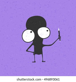 Creative funny monster with pen in hands on grunge violet background, cartoon illustration,