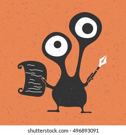 Creative funny monster with pencil in hands and piece of paper on grunge orange background, cartoon illustration,