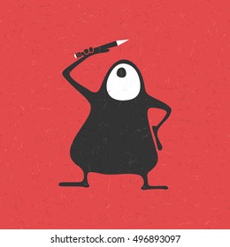 Creative funny monster with pencil in hands on grunge red background, cartoon illustration,