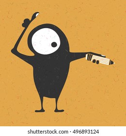 Creative funny monster with pencil in hands on grunge yellow background, cartoon illustration,