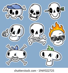Creative funny skull stickers set for tattoo design. Cartoon cute dead skeleton heads for colorful graffiti and skate sticker isolated vector illustrations. Hipster and punk culture concept