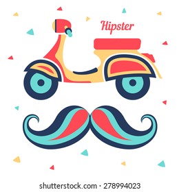 Creative and funny vector illustration of retro vintage scooter and hipster mustache. Best for retro party invitation or branding.