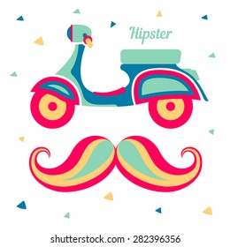 Creative and funny vector illustration of retro vintage scooter and hipster mustache. Best for retro party invitation or branding.
