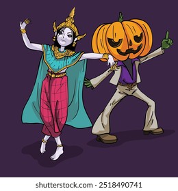 A creative fusion of a Thai ghost dancer and a pumpkin-headed figure in a dynamic disco-themed Halloween illustration.