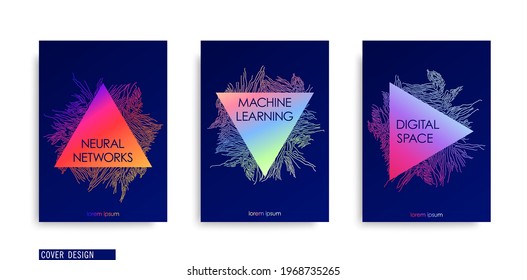 Creative futuristic covers. Digital technology. Creative label from chaotic spreading structure of thin lines. Vector template 