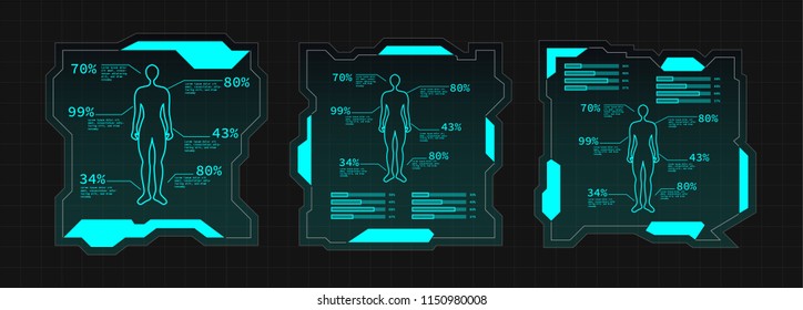 Creative futuristic Ui frame elements, virtual Hi-tech display, screen for HUD interface medical human status. Vector template illustration. Blue dark Blue theme color.