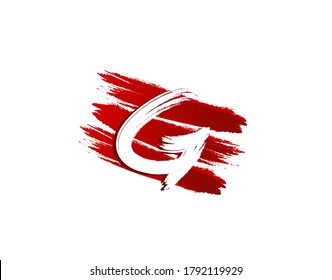 Creative G Letter Logo in Red Strips Grunge Splatter Element. Retro Rusty logo design template.