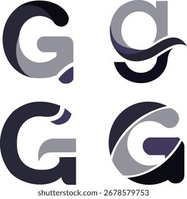 Variações criativas do logotipo da letra "G" em azul, vermelho, ouro e monocromático com estilo moderno