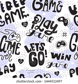 Creative game seamless pattern for boy and girl. Print design for gaming, poster, web, banner. Lettering, text, video game, play, win, game over, silhouette joystick.