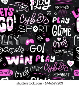 Creative game seamless pattern for girl. Girlish print for clothes, textiles, wrapping paper, Typography slogan. Background for Social media, blogs. Text: video game, play, win, gamer, go.