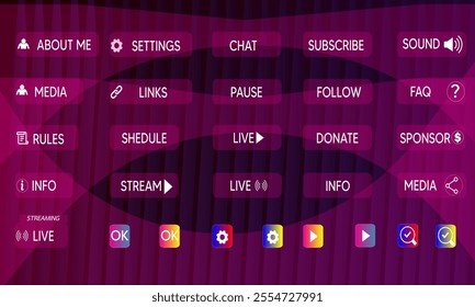 creative Gamers stream buttons. Game streaming interface elements, mmo game menu. Garish frames bars and buttons flat vector illustration set