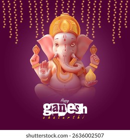 Creative Ganesh Chaturthi celebration image featuring Ganesha with gold ornaments and string lights  use for festival wishes social media posts and invitation cards