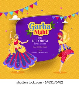 Creative Garba Night poster or invitation card design with couple dancing on abstract bakground and event detail.