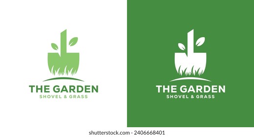 Creative The Garden Logo. Shovel Tree Leaf Logo. Spade Nature Lawn Grass Green Icon Vector Logo Design Template.