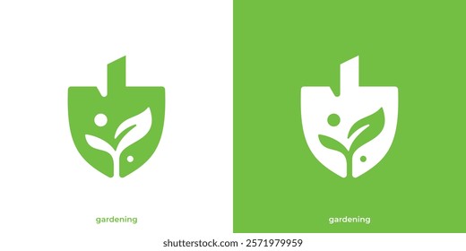 Creative Gardening Logo. Shovel Tree Leaf Logo. Spade Nature Lawn Grass Green Icon Vector Logo Design Template.