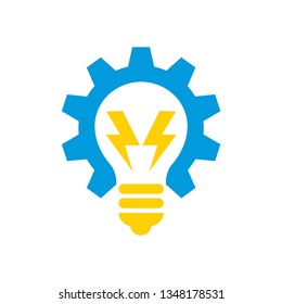 Creative Gear, Bulb and Thunder Bolt Vector Logo Icon Template for Electricity, Power, Plant, Energy, Research, Science and Innovation Bussiness Industry Company