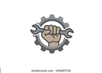 Creative Gear Wrench Fist Inside Logo Design Illustration