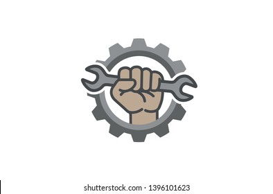 Creative Gear Wrench Fist Inside Logo Design Illustration