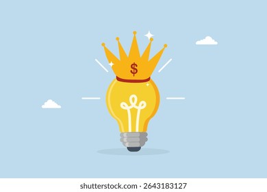 Genio creativo, lámpara brillante brillante de la idea de la bombilla con la corona de oro.