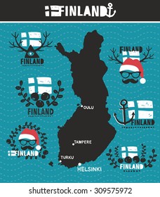 Creative geographic map of Finland. Vector collection of Finnish labels.