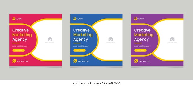 Creative geometric abstract digital marketing social media post template set, square banner or flyer designs, editable vector file