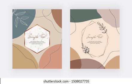 Creative geometric abstract hand painting  nude, pink and brown shapes with marble and golden polygonal lines frames. Trendy templates for wedding invitation, banner, card, flyer, poster