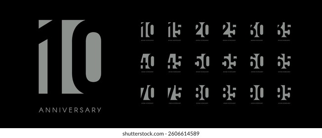 Creative geometric anniversary numbers set on black background. Corporate celebration identity, luxury branding, high-end marketing design. Bold minimalist style, modern elegance. Vector illustration
