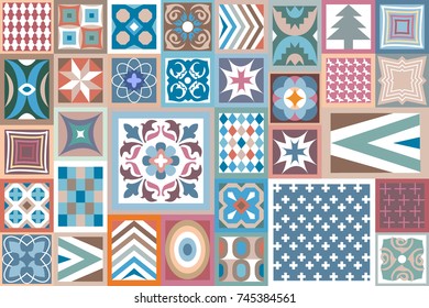 Creative geometric background. Colorful composition with floral and geometrical ornaments. Trendy design for ceramic tiles, carpets, scarfs and tablecloth. Blue, green, terracotta palette.