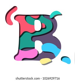 Creative geometric background consisting of letter B and elements of different shapes and sizes. Vector illustration in papercut style. 3D backdrop with colorful cut objects 