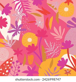Creative geometric background with floral elements and different textures. Collage. Design for poster, card, invitation, placard, brochure, flyer.	