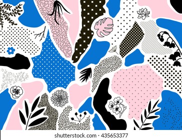 Creative geometric background with floral elements and different textures. Collage. Design for poster, card, invitation, placard, brochure, flyer. Vector