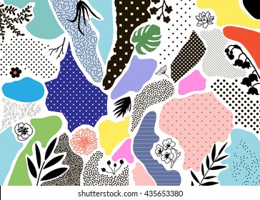 Creative geometric background with floral elements and different textures. Collage. Design for poster, card, invitation, placard, brochure, flyer. Vector