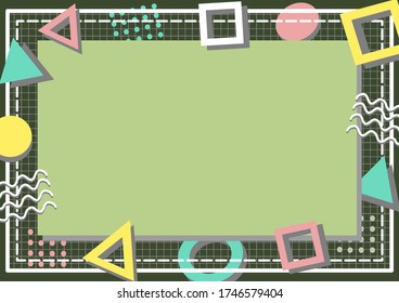 Creative geometric background. Green Memphis design pattern. Oval, triangle, rectangle, pulka dots and wavy line. Vector illustration presentation wallpaper.
