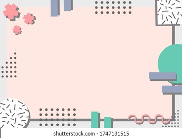 Fondo geométrico creativo. Patrón de diseño de afiches de Pastel Memphis. Círculo, rectángulo, puntos de pulka y línea ondulada sobre fondo gris. Fondo de pantalla para la presentación de la ilustración vectorial.