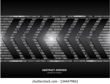 Creative geometric black arrows. Abstract dark background with highlights, numeric computer code. Vector illustration for your design.