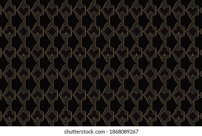 Fondo negro geométrico creativo con contornos de oro con un patrón de símbolos de traje de tarjeta - palos, panderetas, espadas, corazones. Gráficos vectores para fondos de pantalla, tarjetas de visita, sitios web, banners.