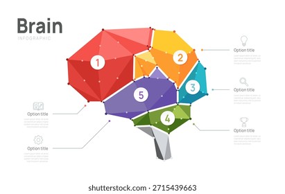 Creative geometric brain infographic template with 5 steps. Colorful low poly vector illustration for business, education, and psychology presentation.
