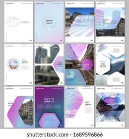 Creative geometric brochure templates with hexagonal design purple color pattern background. Covers design templates for flyer, leaflet, brochure, report, presentation, advertising, magazine.