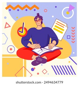 Creative geometric card. Cartoon character. Happy guy portrait. Notebook with planning checkmark. Casual man reads literature. Abstract Memphis figures. Person sitting with book. Vector banner design