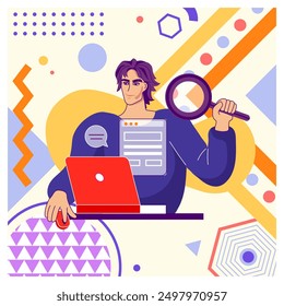 Creative geometric card. Cartoon character working with computer. Research with magnifier. Abstract Memphis figures. Businessman at laptop. Office guys portrait. Project study. Vector banner design