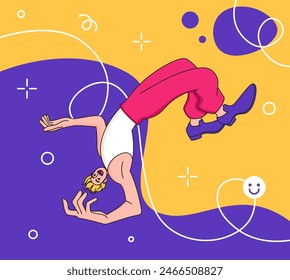 Creative geometric card. Cartoon young character. Happy guy portrait. Excited man flying. Abstract shapes. Free flight. Flat figures and color spots. Floating pose. Joyful person. Vector banner design