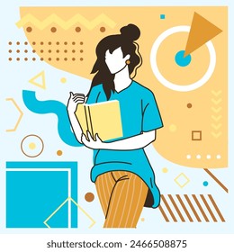 Creative geometric card. Cartoon young character. Casual woman reading book. Happy girl portrait. Abstract Memphis flat figures. Female relaxing with literature. Student studying. Vector banner design