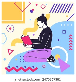 Creative geometric card. Cartoon young character. Casual woman reading book. Happy girl portrait. Abstract Memphis flat figures. Female relaxing with literature. Student studying. Vector banner design