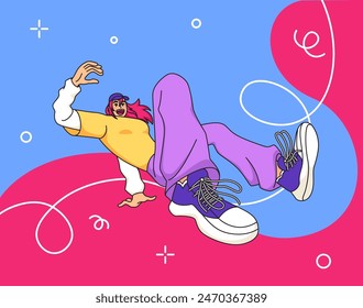 Creative geometric card. Cartoon young character. Happy girl portrait. Excited man flying. Abstract shapes. Free flight. Flat figures or color spots. Floating pose. Joyful person. Vector banner design